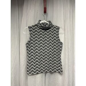 Mandee Womens Sleeveless Turtleneck Top Black White Wavy Chevron Knit M vtg